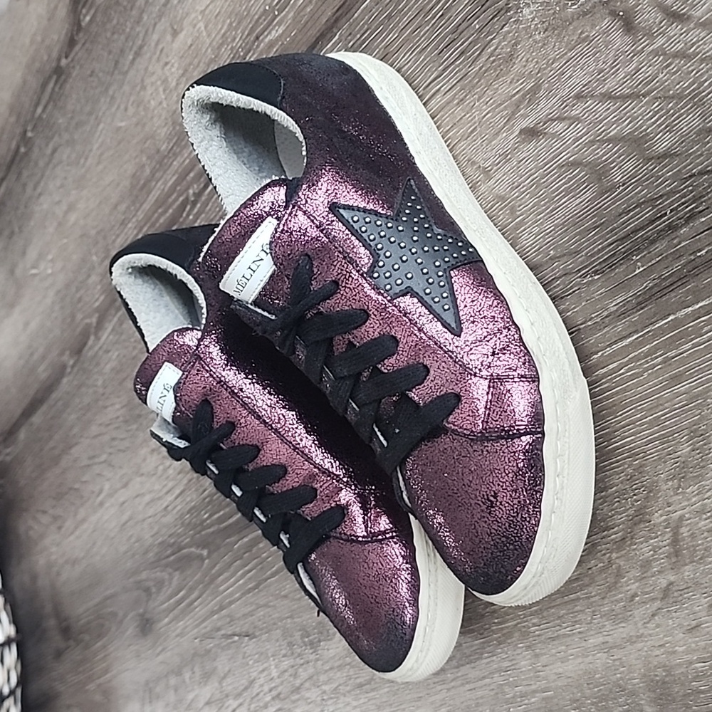 Mèlinè Shiny Metallic Italian Leather Studded Star Low Top Sneakers Raspberry 37